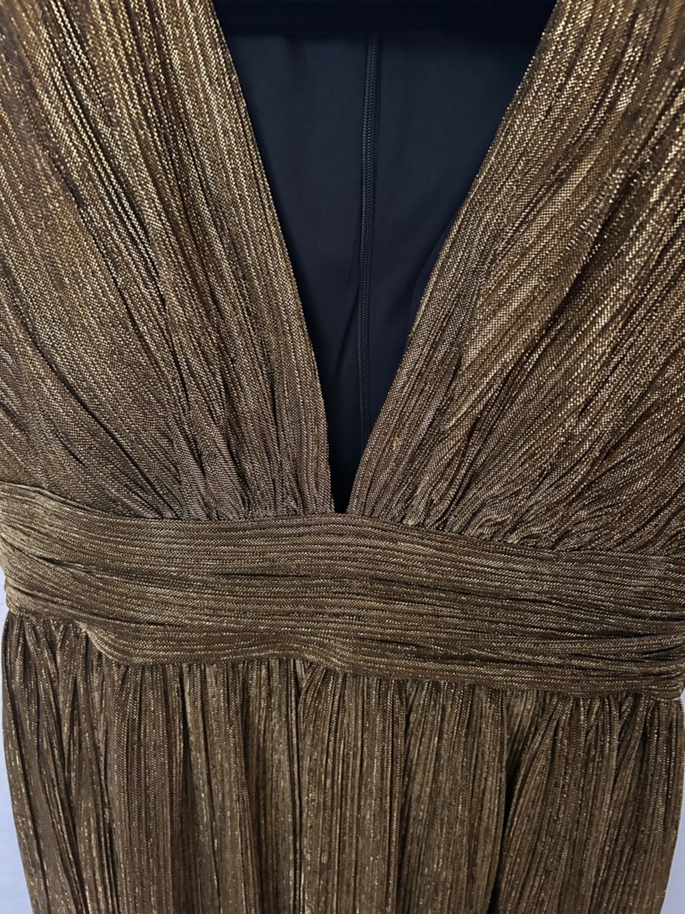 Guess Metallic Gold Pleated V-Neck Midi Dress - Picture 4 of 7